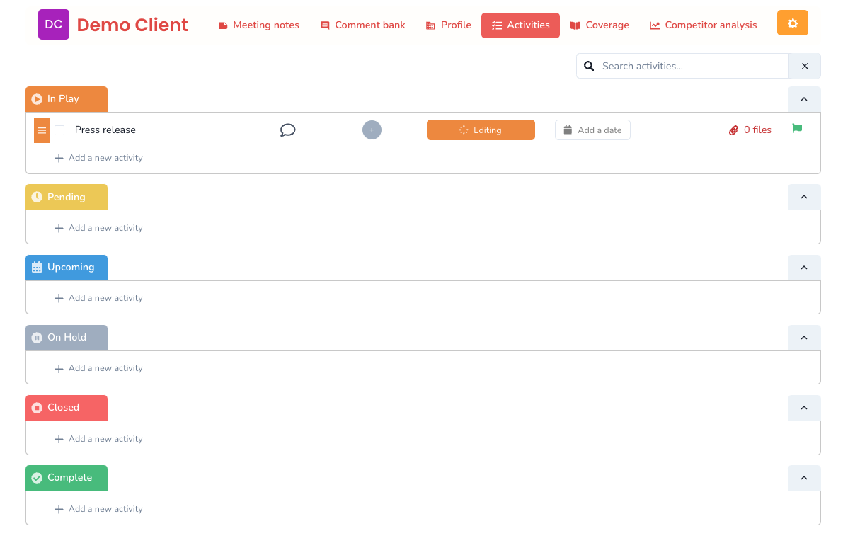 Client activity page