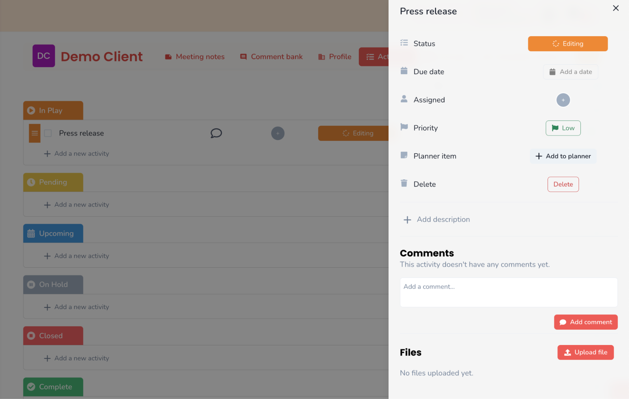Activity task sidebar